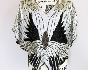 Vintage 70's ShoMax Butterfly Batwing Festival Silver Sequin Beaded Silk Top Medium