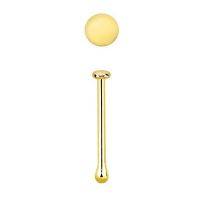 May include: A gold nose ring with a round bead on one end and a teardrop-shaped bead on the other end.