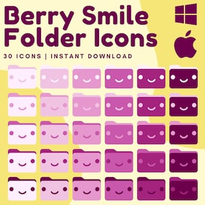 May include: A set of 30 folder icons featuring a smiling face in various shades of pink and purple. The icons are designed for both Windows and Mac operating systems.  Berry Smile Folder Icons - Instant Download.