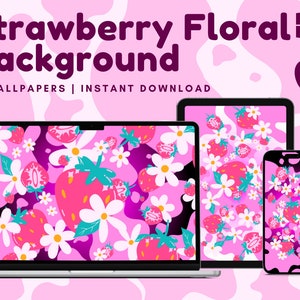 Strawberry Floral Cow Print Wallpaper | iPhone/Smartphone/iPad/Tablet/Computer/PC/Macbook/Laptop/Windows Background|Digital Instant Download