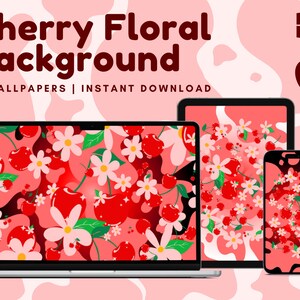 May include: A set of 8 digital wallpapers featuring a cherry and floral design. The design features red cherries, white flowers, and green leaves on a pink background. The wallpapers are available for instant download.