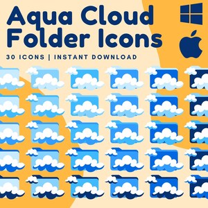 Può includere: Un set di 30 icone di cartelle blu con disegni di nuvole bianche. Le icone sono disposte in una griglia su uno sfondo giallo. Il testo "Aqua Cloud Folder Icons" è nella parte superiore dell'immagine, e il testo "30 ICONS | INSTANT DOWNLOAD" è sotto la griglia.