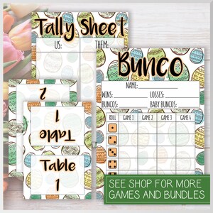 Paasei Bunco-scorekaart, telblad en 8 tafelkaarten, aquarelpaaseieren