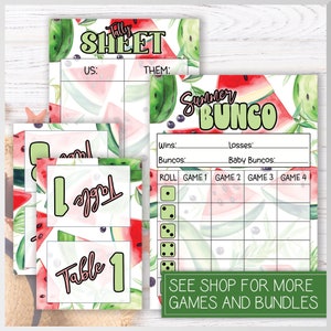 Watermelon Summer Bunco Score Card, Tally Sheet + 8 Table Cards