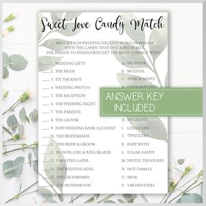 Sweet Love Candy Match, Bridal Shower Game, Green Leaves
