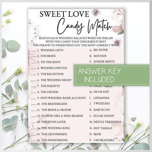 Sweet Love Candy Match, Bridal Shower Game, Pink, Floral