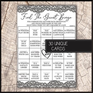 Find The Guest Bingo Juego de despedida de soltera, 30 tarjetas de juego diferentes, borde de encaje clásico