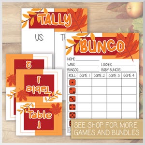 Tarjeta de puntuación de Bunco de otoño, hoja de recuento + 8 tarjetas de mesa