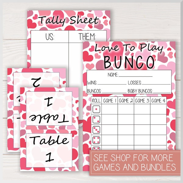 Love To Play Bunco Score Card, Tally Sheet & 8 Table Cards, Hearts