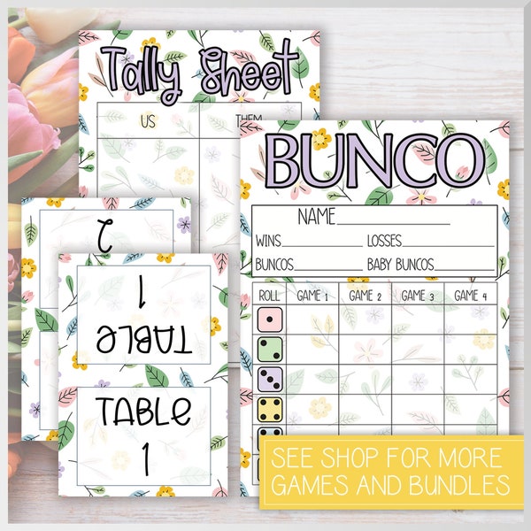 Cute Spring Bunco Score Card, Tally Sheet & 8 Table Cards