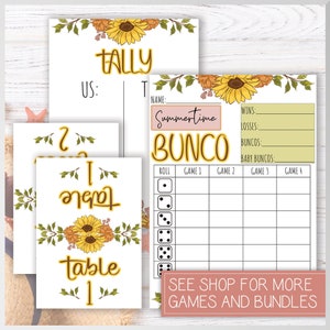 Sunflower Summertime Bunco Score Card, Tally Sheet + 8 Table Cards