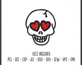 Skull Heart Eyes - Embroidery File, 4x4 Hoop, Gift, Hobby, Decorative, Skull Design, Spooky, Halloween, Heart, Love