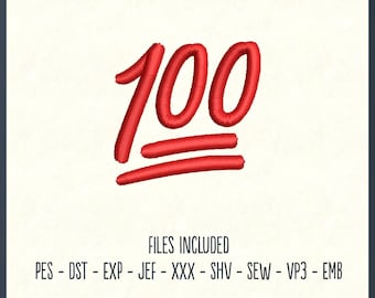 Könnte beinhalten: Rote gestickte 100-Emoji mit zwei Linien darunter. Stickdateien enthalten: PES, DST, EXP, JEF, XXX, SHV, SEW, VP3, EMB.