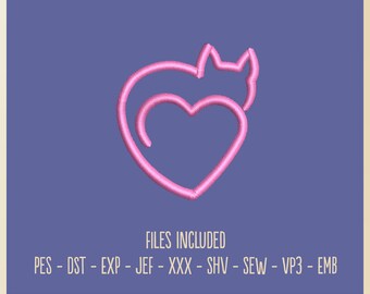 Sleepy Cat & Heart Tail - Embroidery File, Hat Hoop, Hobby, Gift, Decorative, Hat Embroidery, Beanie, Animal, Cute, Pet, Kitty, Love, Heart