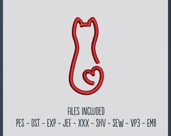 Cat Standing Heart Tail - Embroidery File, Hobby, Gift, Decorative, Hat Embroidery, Beanie, Animal, Cute, Pet, Cat, Kitty, Love, Heart