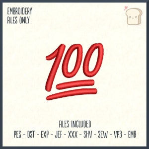 Op de afbeelding: Rode geborduurde 100 emoji met twee lijnen eronder. Borduurbestanden inbegrepen: PES, DST, EXP, JEF, XXX, SHV, SEW, VP3, EMB.
