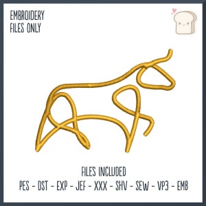 May include: A gold outline of a cow, a simple line drawing, for embroidery. The image includes the text "EMBROIDERY FILES ONLY" and "FILES INCLUDED PES - DST - EXP - JEF - XXX - SHV - SEW - VP3 - EMB".