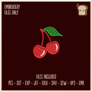 May include: Red and green embroidery design of two cherries with a stem and leaf. Files included: PES, DST, EXP, JEF, XXX, SHV, SEW, VP3, EMB.