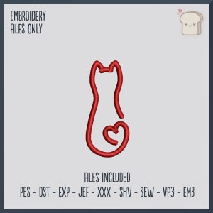 Puede incluir: Diseño de bordado rojo de un gato con un corazón en su cola. El diseño está delineado con hilo rojo. El texto "ARCHIVOS INCLUIDOS" está debajo del diseño, seguido de una lista de formatos de archivo: PES, DST, EXP, JEF, XXX, SHV, SEW, VP3, EMB.