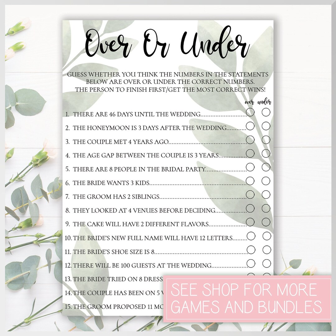 Over or Under Bridal Shower Game, Green Leaves - Etsy