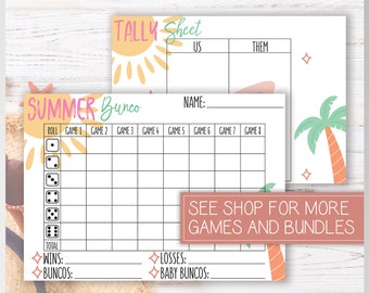 May include: Printable summer bunco scorecard with a tropical theme. The scorecard includes spaces for the player's name, roll, total, wins, losses, buncos, and baby buncos. The scorecard also includes a tally sheet for keeping track of the score for two teams.