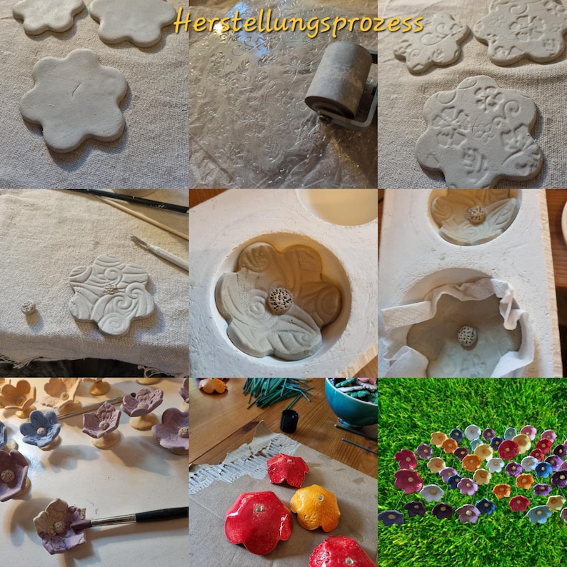 May include: A multi-panel collage showing the production process of ceramic flower sculptures. The steps include shaping clay, using a textured roller, pressing into molds, adding center details, painting with brushes, and finished colorful flowers.
