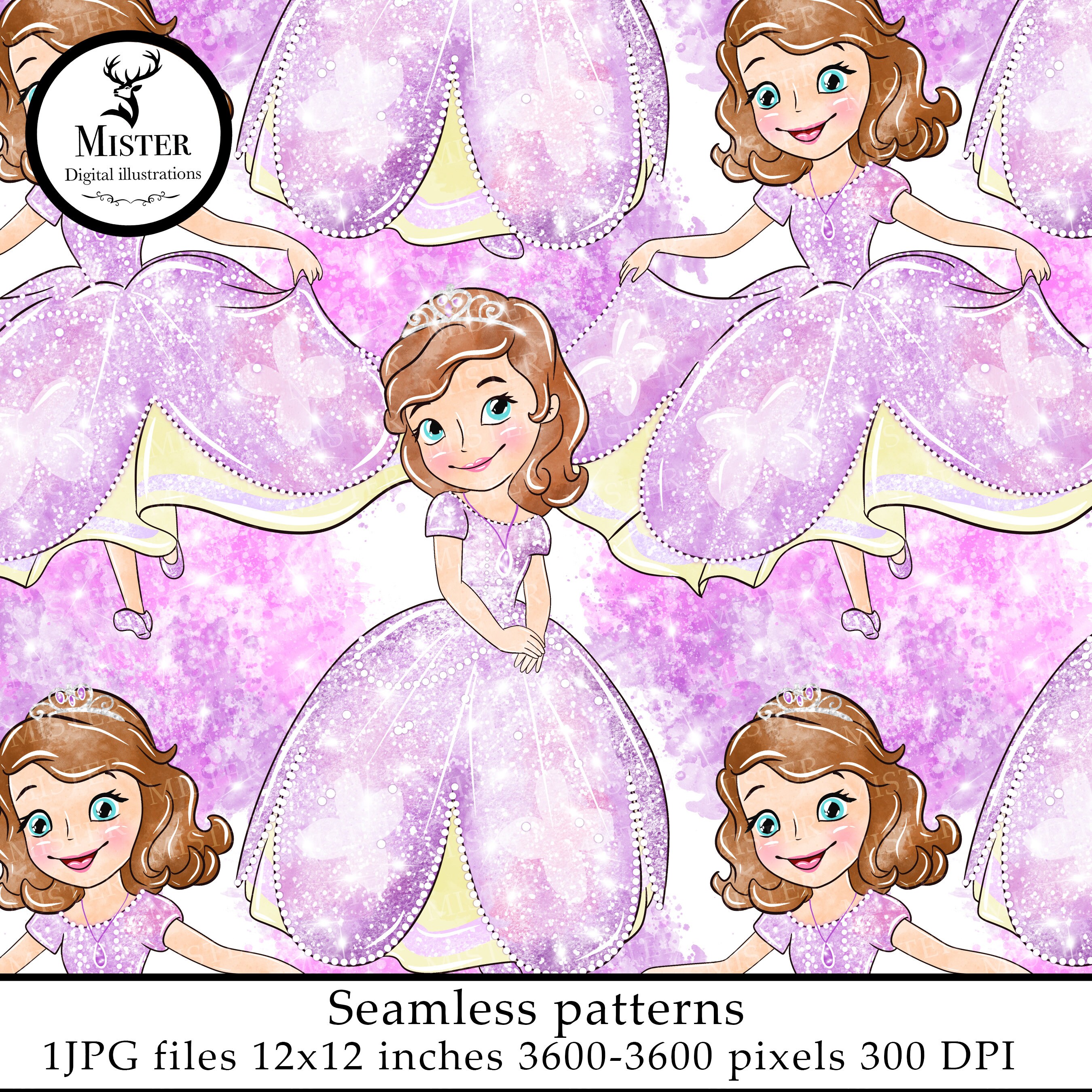 Papercraft Scrapbooking Princess Sofia seamless watercolor pattern Princess Sofia digital ...