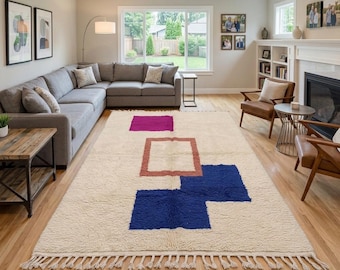 Colorful Moroccan Rug – Handmade Wool Berber Rug, Abstract Geometric Beni Ourain Carpet, Modern Minimalist Area Rug