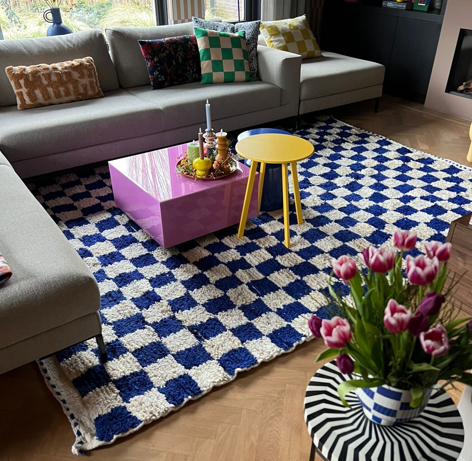 Large Check Blue Rug Checkered Rug Blue and White Checks Rug Handmade Wool Carpets Moroccan ...