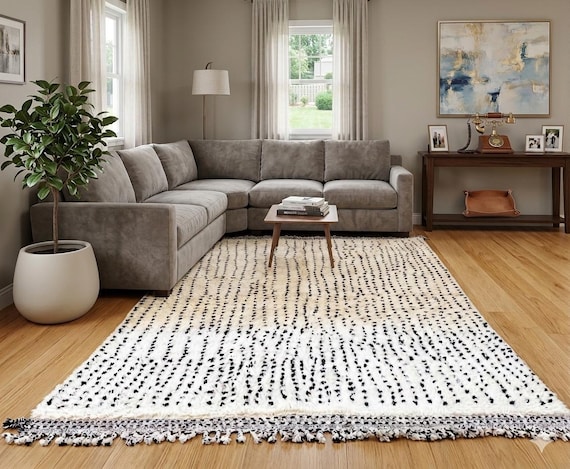 Moroccan White & Black Rug – Handmade Berber Wool Carpet, Minimalist Beni Ourain Style 9x12, Boho Neutral Area Rug, Custom Size.