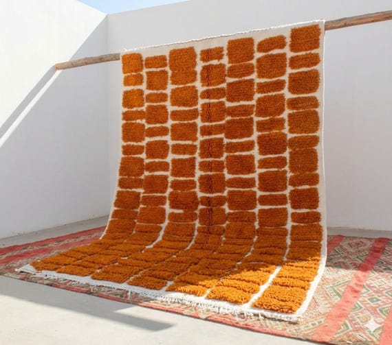 Orange Checkerboard Moroccan Rug – Handmade Wool Berber Area Rug – White and Orange Geometric Carpet – Modern Boho Beni Ourain – custom size
