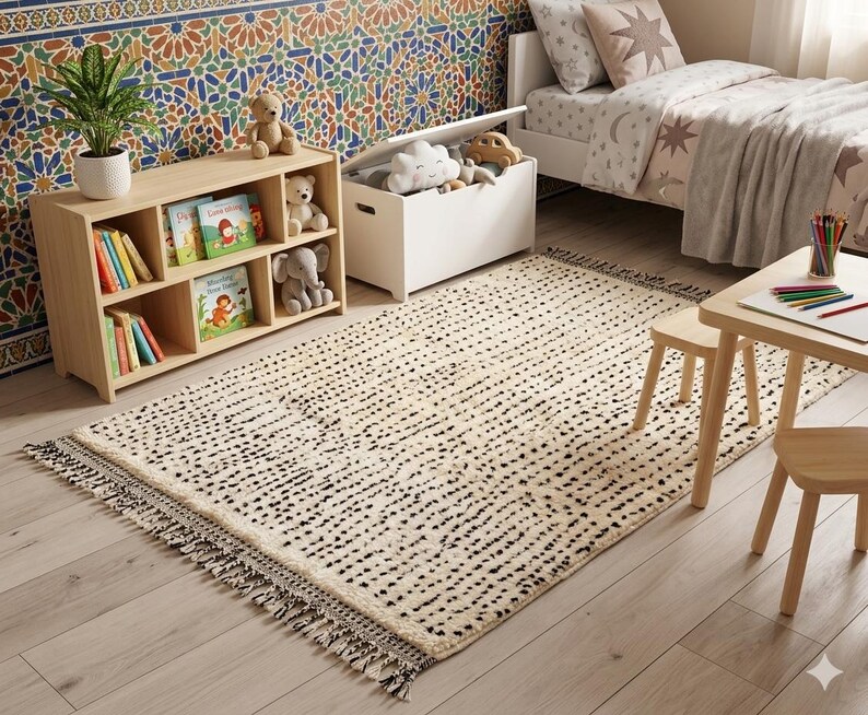 May include: A cream-colored rug with a dotted black pattern and fringed edges. The rug is in a child's bedroom, alongside a wooden bookshelf with books, a white toy chest, and a small wooden table with crayons.