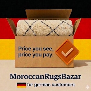 May include: A rolled, cream-colored rug with a black diamond pattern sits inside a cardboard box. The box has the text "Price you see, price you pay." An orange checkmark icon is on the right. The words "MoroccanRugsBazar" are below.