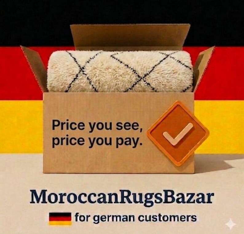 May include: A rolled, cream-colored rug with a black diamond pattern sits inside a cardboard box. The box has the text "Price you see, price you pay." An orange checkmark icon is on the right. The words "MoroccanRugsBazar" are below.