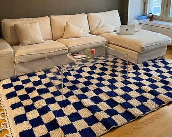 Checkered Rug blue and white checks Rug handmade wool carpets Moroccan handknotted carpets checkerboard handwoven Rugs 9x12, custom size