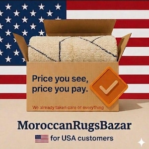 May include: A rolled, cream-colored rug with a black geometric pattern is inside a cardboard box. The box is set against an American flag background. Text on the box reads "Price you see, price you pay."