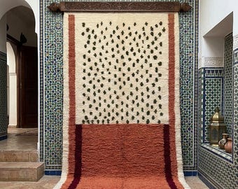 Terracotta Moroccan Rug – Handmade Wool Berber Rug, Modern Abstract Area Rug, Cream & Olive Green Moroccan Carpet, Custom Size