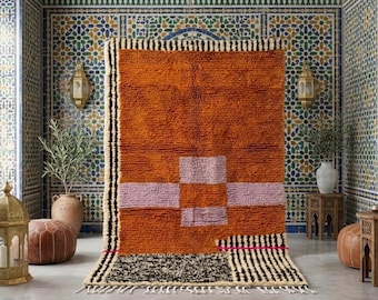 Handmade Moroccan Berber Rug – Burnt Orange Wool Area Rug – Modern Geometric Moroccan Carpet – Boho Statement Rug – Custom Size.