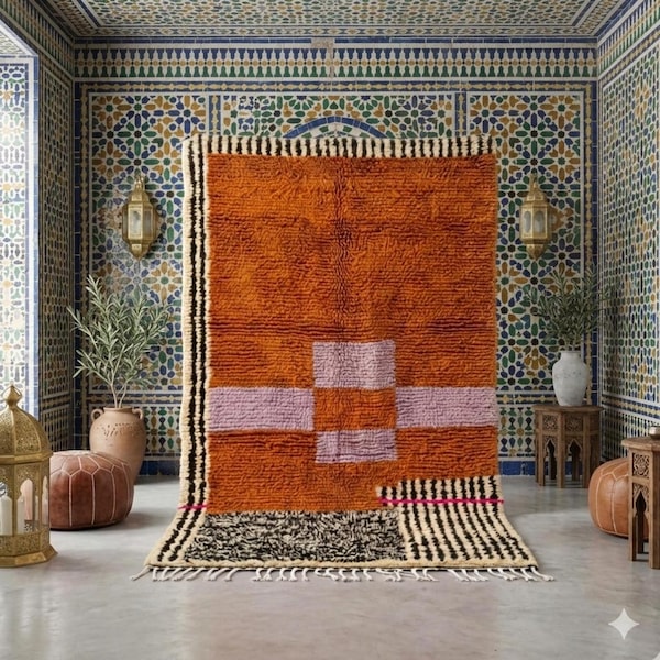 Alfombra bereber marroquí hecha a mano – Alfombra de lana color naranja quemado – Alfombra marroquí geométrica moderna – Alfombra estilo boho – Tamaño personalizado.