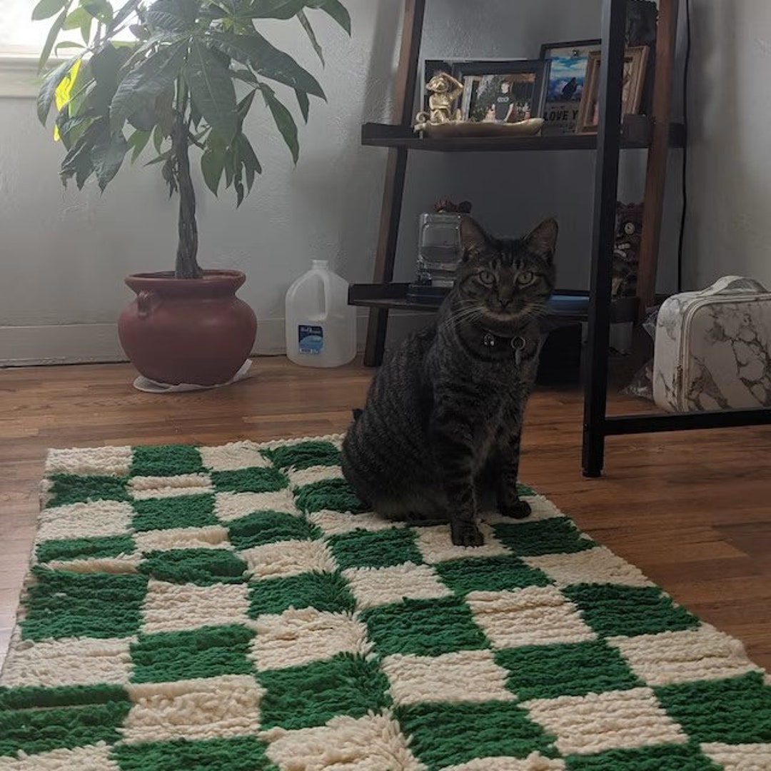 Handmade Checkered Green and White Wool Rug Runner Style - 100% Natural ...