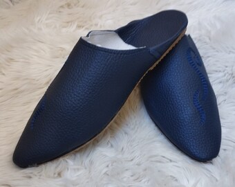 Zapatillas marroquíes Azul, hermosas zapatillas de piel de oveja hechas a mano para hombres