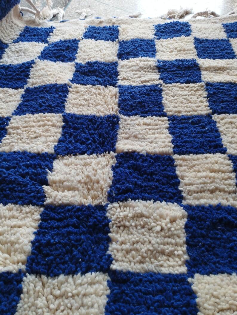Large Check Blue Rug Checkered Rug Blue and White Checks Rug Handmade Wool Carpets Moroccan ...
