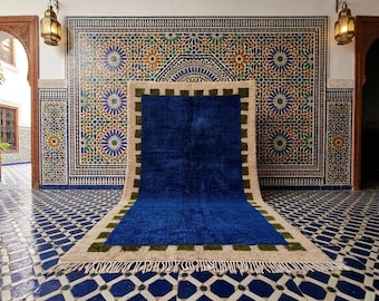Royal Blue Moroccan Wool Rug, Handmade Berber Area Rug, Custom Size & Colors, Beni Ourain Inspired, Plush Shag Boho Living Room wool rug