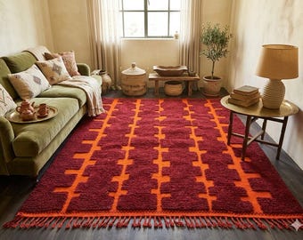 Handmade Moroccan Wool Rug – Burgundy and Orange Berber Rug – Geometric Beni Ourain Style Carpet – Boho Moroccan Area Rug, Custom size 9x12
