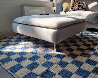 Checkered Rug light blue checks carpet handmade wool runner Rug beni ourain Moroccan checkerboard 5×7ft 6×8ft 7×10ft 8×12ft 10×12ft.,