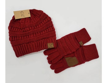 Knit Hats, Gloves Set- Smart Tip Winter Gloves, Woman & Teen Beanie Hat