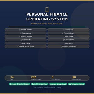 Puede incluir: Un sistema digital de planificación financiera titulado "PERSONAL FINANCE OPERATING SYSTEM". Incluye rastreadores de ingresos, gastos, inversiones y más. Compatible con Google Sheets y Excel, con 14 pestañas y 292 fórmulas en vivo.