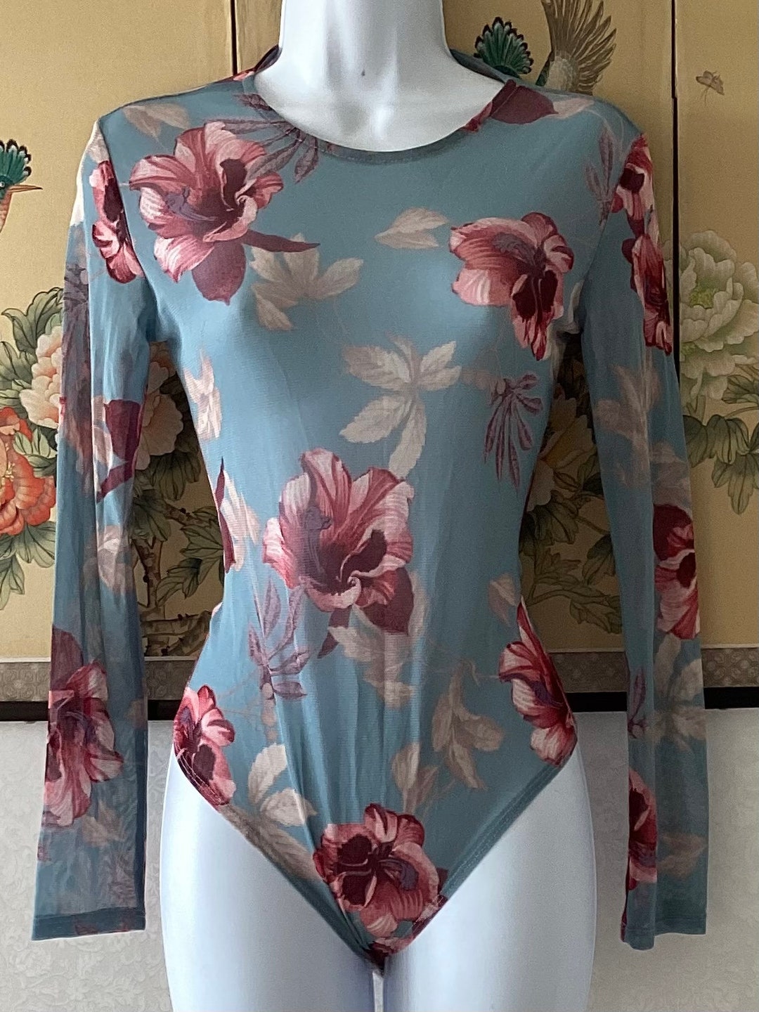 Floral Blue Sheer Bodysuit Etsy