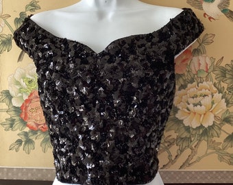 Black Cropped Fitted Sequin Top