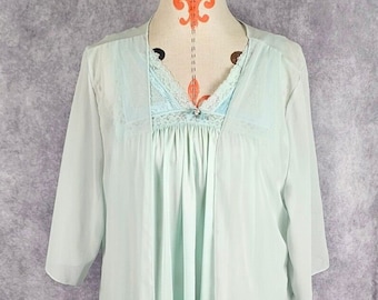 Vintage 80s Shadowline Lingerie Set: Blue Nylon Robe & Nightgown, Size L
